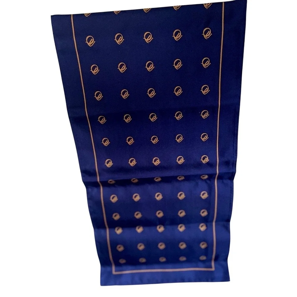 Vtg Designer 100% Silk Scarf Navy Gold Monogrammed Pocket Square Mens Accessory